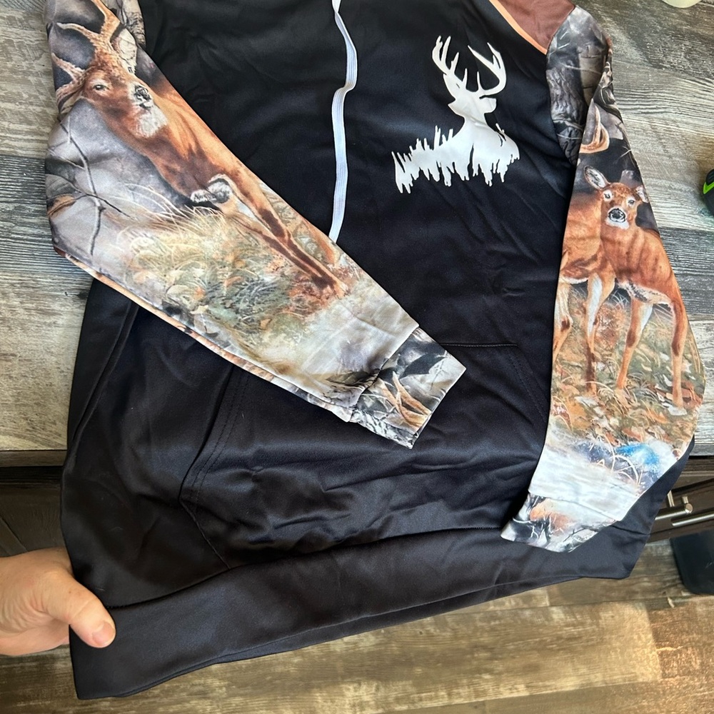 Black Hoodie with Deer Print Sleeves